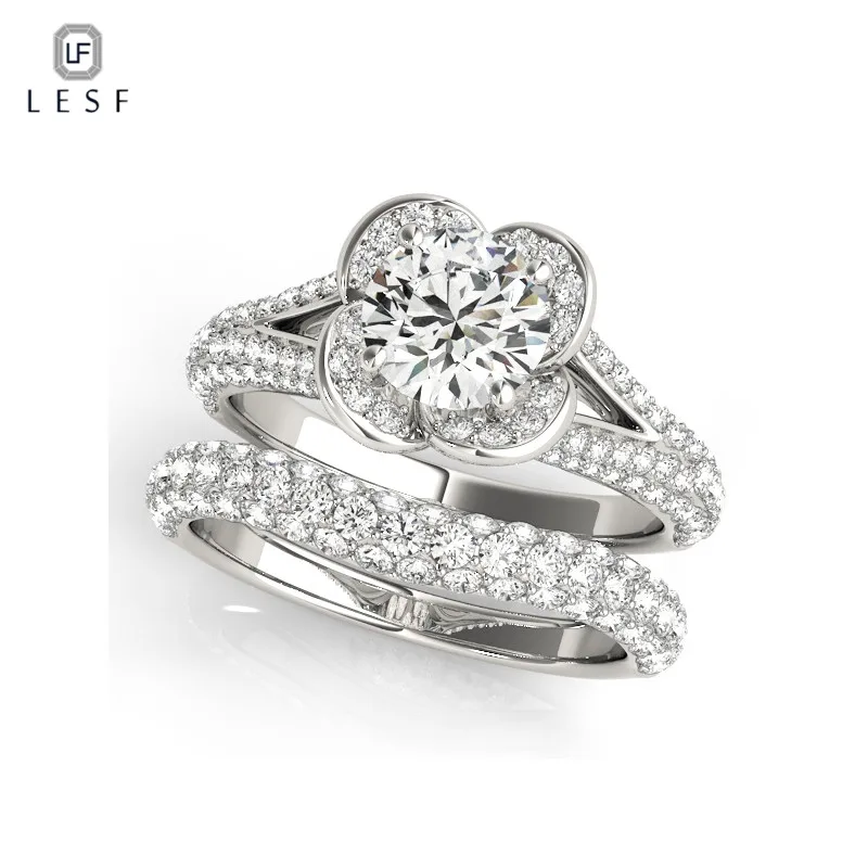 

LESF Luxurious design 925 Silver SONA synthetic Rings flower Shape Engagement Ring Set Female models