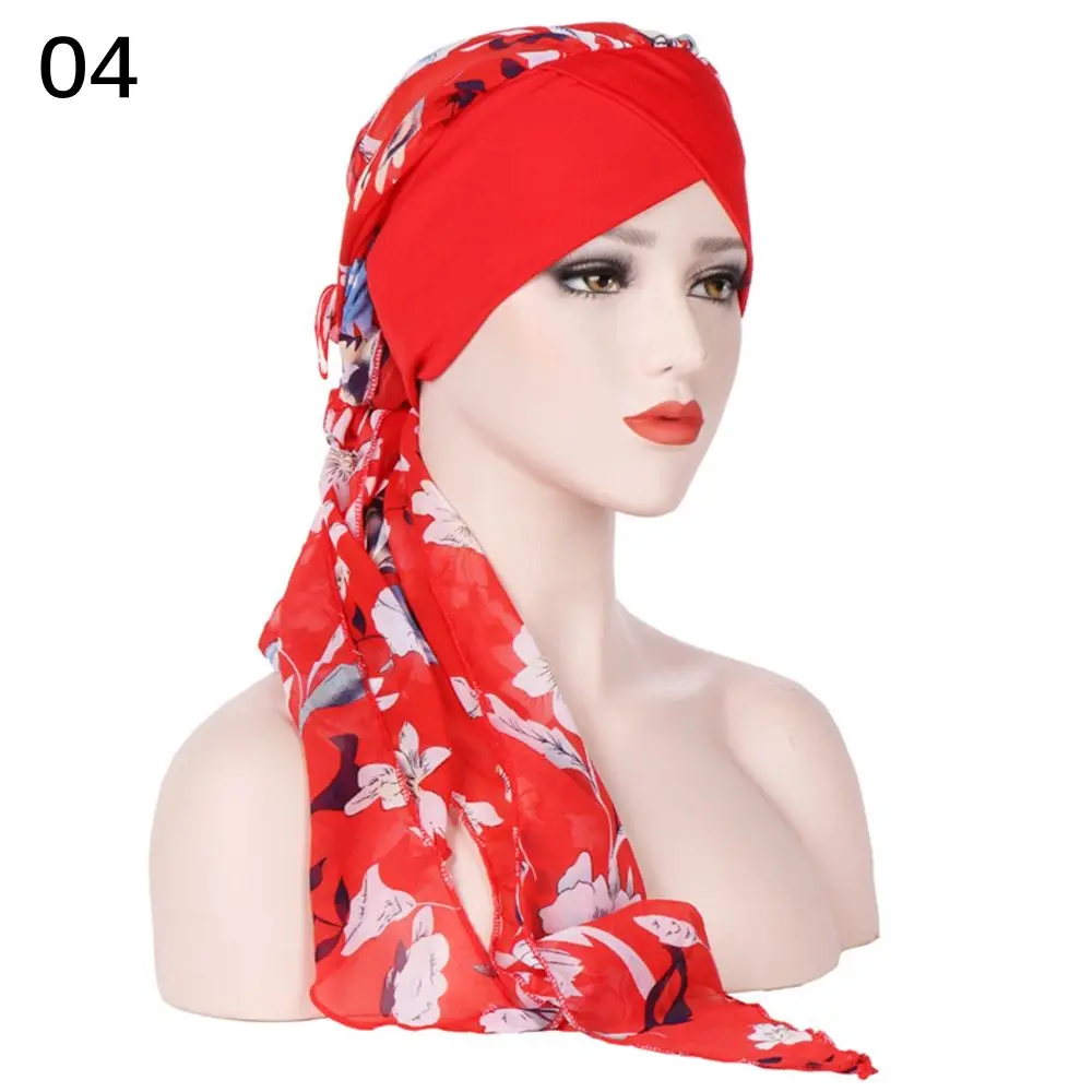 Хиджаб для мусульманок, исламский Джерси, простой головной платок, тюрбан после химиотерапии, предварительно привязанный цветочный принт, шаль, мягкий шелк, шифон, длинный хвост, шапка - Цвет: 4 Scarf