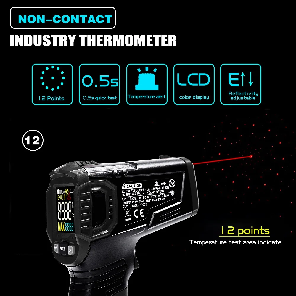 

Non-contact Infrared Digital Thermometer Humidity Meter -50~600 degree With Colorful VA Screen 12 Points Temperature Test