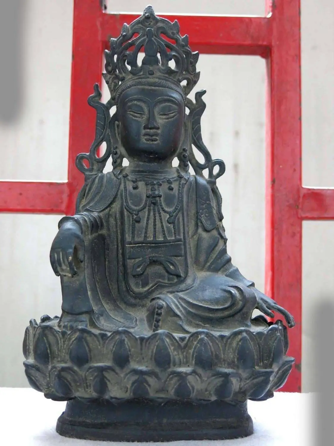 

12" China pure red copper Buddhism comfortable Kwan-yin buddha Sculpture Statue