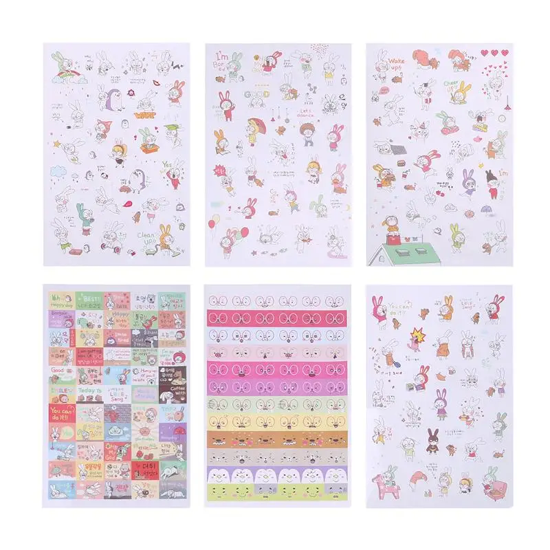 6 Sheets Cute Cartoon Stickers Lovely Rabbit Animal Pattern Waterproof Decals DIY Album Mobile Diary Decoration
