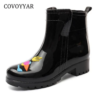 

COVOYYAR 2019 Women Ankle Rain Boots Cute Cartoon Print Rubber Platform Rainboots Waterproof Anti-Slip Shoes Women WBS344