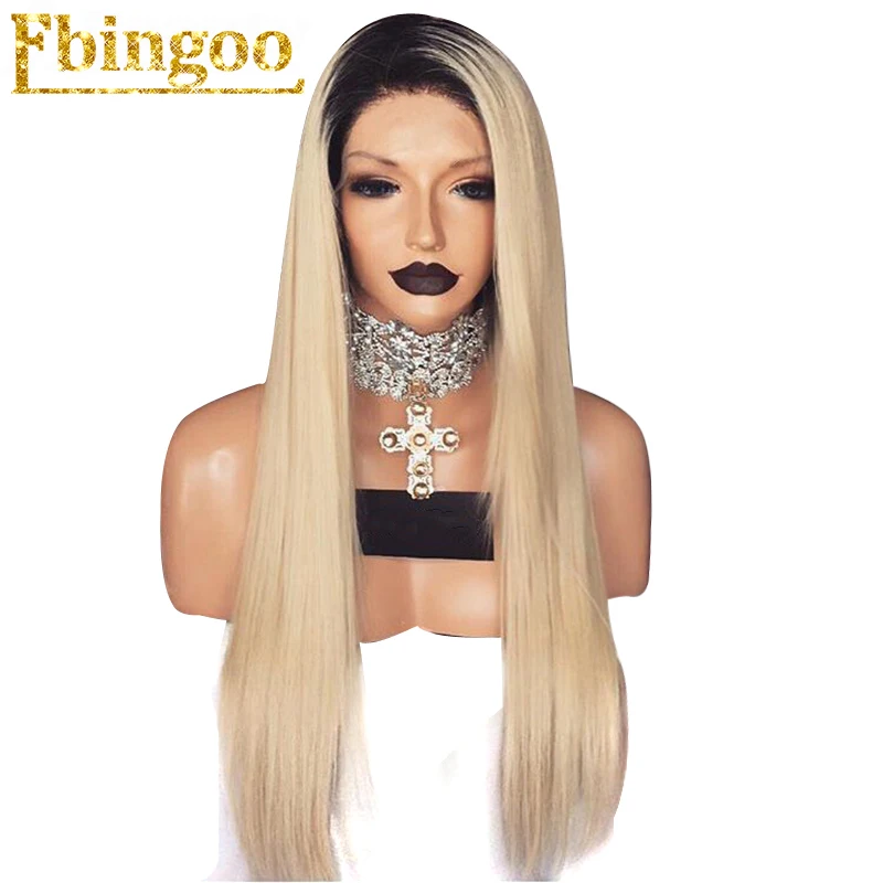 

Ebingoo 26" High Temperature Fiber Black Ombre Blonde 2 Tones Natural Long Straight Synthetic Lace Front Wig For Women +Hair Cap