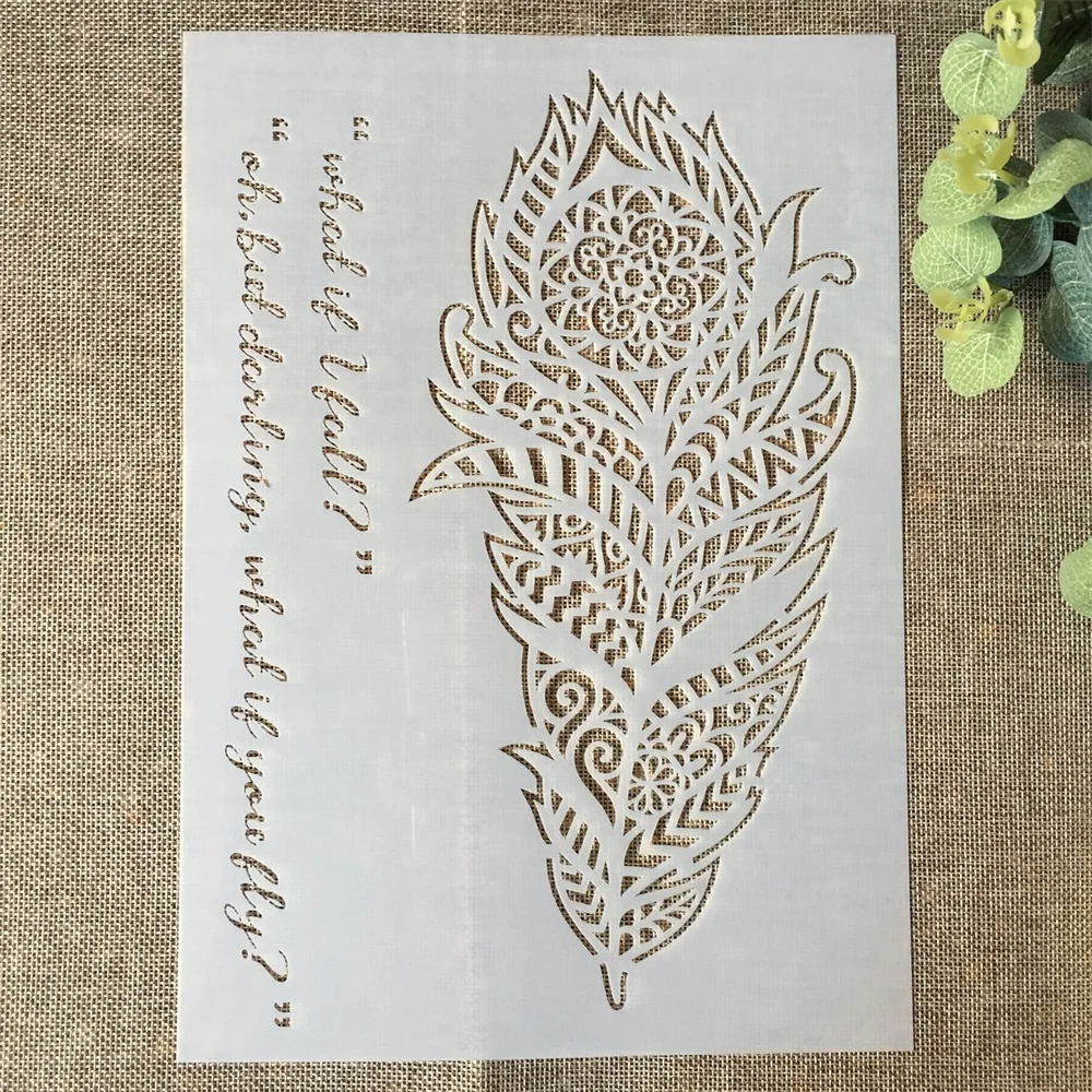

29*21cm Big Feather Words DIY Layering Stencils Wall Painting Scrapbook Coloring Embossing Album Decorative Paper Card Template