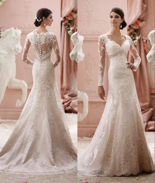 long sleeves wedding dresses 2015 scalloped neck elegant bride dress
