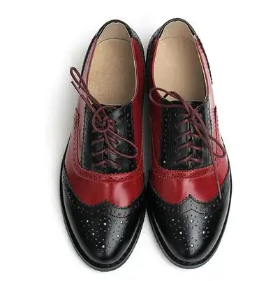 Размер 32-47, новинка г. Винтажная женская обувь из натуральной кожи на плоской подошве, весенне-осенние повседневные броги на шнуровке на толстом каблуке женские туфли-оксфорды - Цвет: Dark red wine