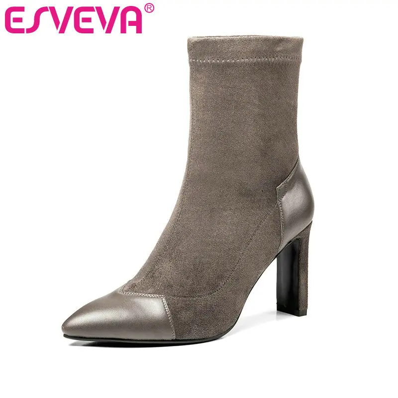

ESVEVA 2020 Women Boots Mid-calf Boots Round Toe Slip On Square High Heels Ankle Boots Platform Casual Shoes Boots Size 34-39