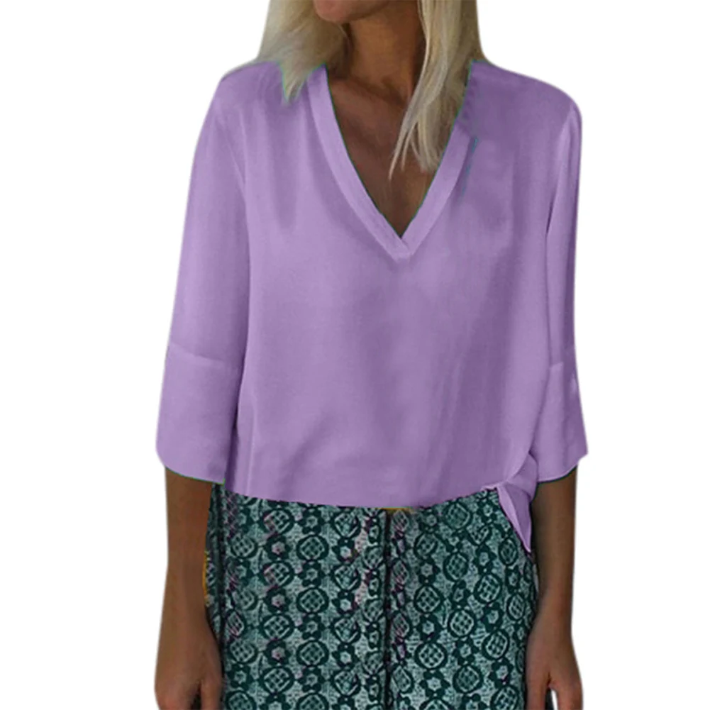 

V Neck Ladies Shirt Chiffon Tops 3/4 Sleeve Women Blouse Loose Patchwork Fashion Summer Solid Casual Pullover