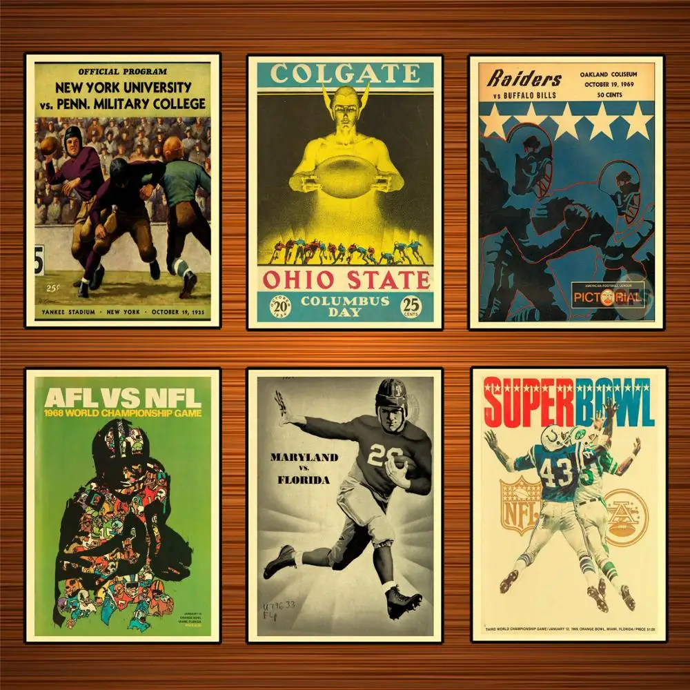 

Vintage 1960s American Football Sports Ads Poster Raiders vs Buffalo Bill Classic Canvas Paintings Wall Stickers Home Decor Gift