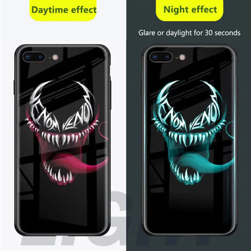 De lujo a prueba de golpes a prueba luminosa de vidrio templado para iPhone 7 6 6 s Plus XS MAX XR 10 Marvel Batman veneno de hombre araña coque