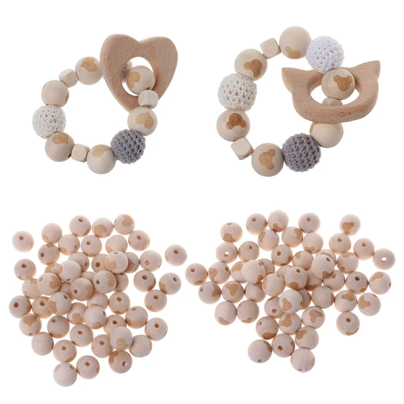 

50pcs Wooden Teether Necklace Beads Laser Engraved Beads For Baby DIY Teether