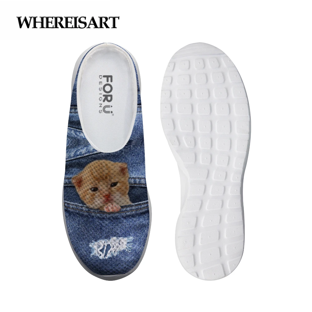 

WHEREISART Denim Pocket Animal Print Women Casual Shoes Summer Mesh Sandals Breathable Indoor Slippers Beach Slides Female Mules