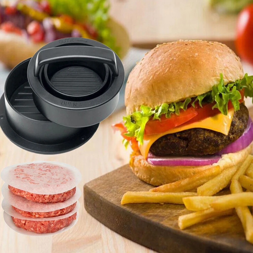 

Hamburger Press Meat Pie Press Stuffed Burger Mold Maker with Baking Paper Liners Patty Pastry Tools BBQ Kitchen Accessories 25
