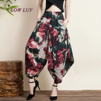 

Nepal Style Cross Pants 2018 Spring Autumn Women Pants Floral Cotton Linen Baggy Pants Extra Loose Pants Long Trousers Pantalon