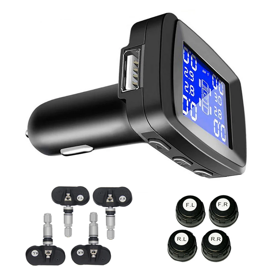 

Tire Pressure Monitoring System Cigarette Lighter Plug TPMS LCD Screen Display 4 External Sensors Auto Tyre Alarm