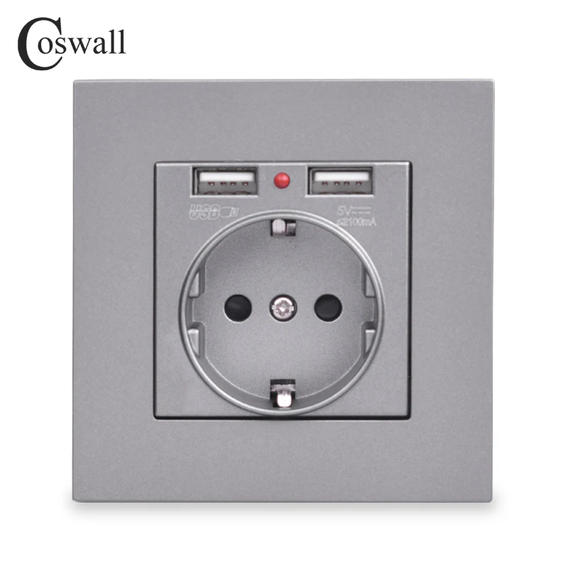 Coswall, двойной usb порт для зарядки, 5 В, 2,1 А, светодиодный индикатор, 16А, настенная розетка европейского стандарта, ПК Панель, белый, серый, черный, золотой, 4 цвета