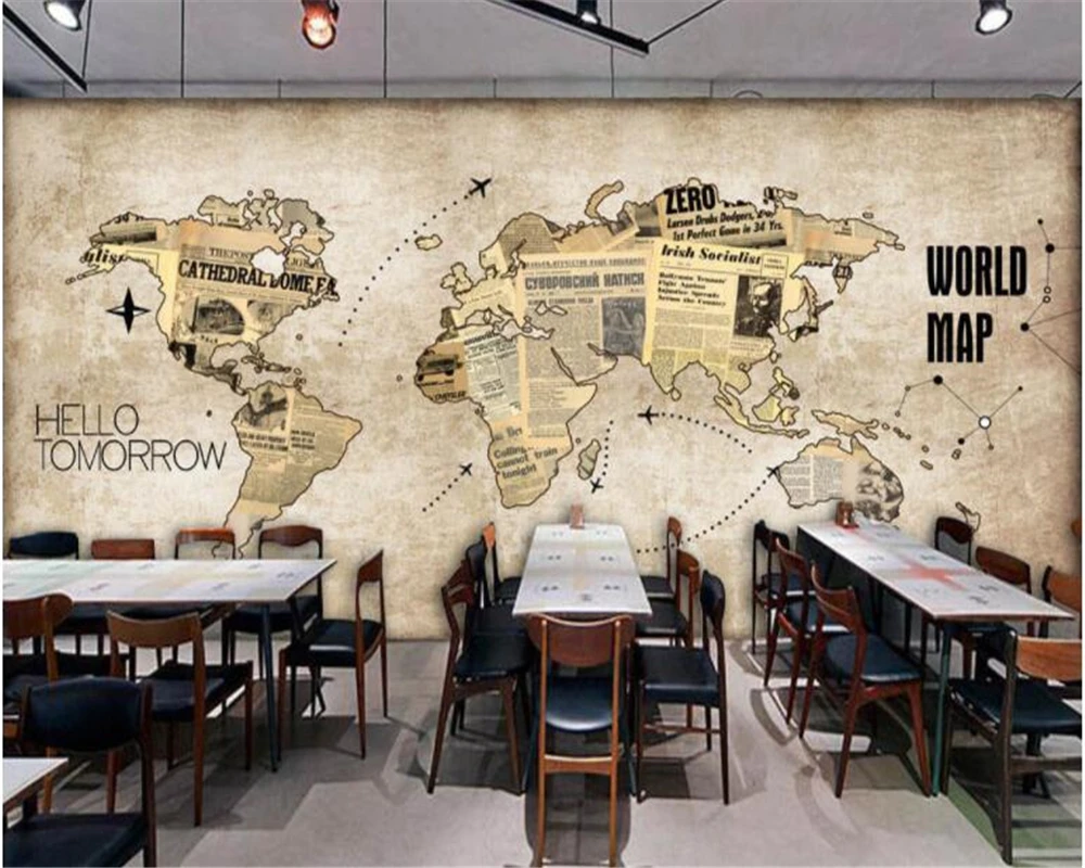 

Beibehang Custom 3D wallpaper Retro World Map Newspaper Bar Cafe Background Wall wallpaper for living room papier peint mural 3d