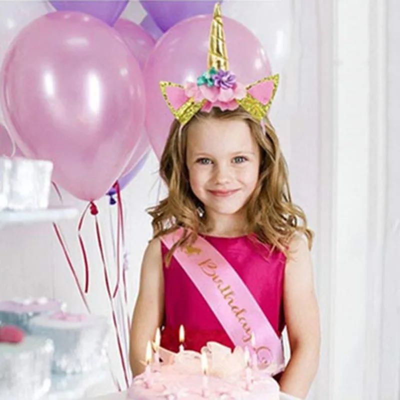 Unicorn Headband Birthday Girl Sash Satin Silk Sash Birthday Party Decoration Girl 1st Baby Shower Rainbow Unicorn Party Supply