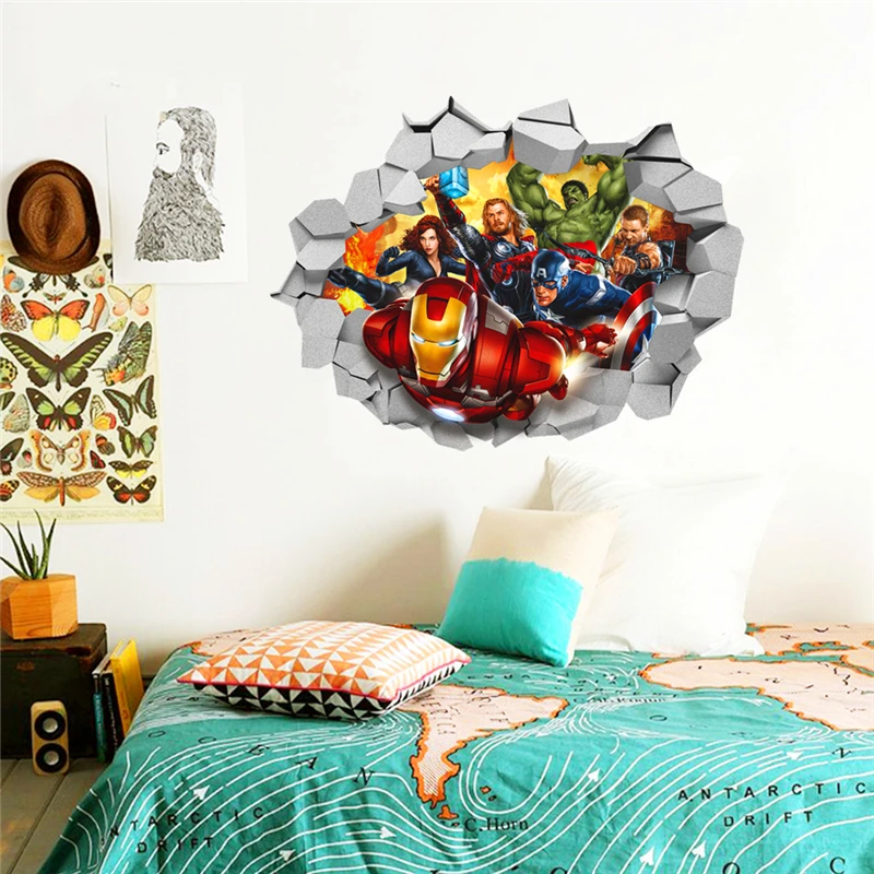 3d Marvel's Avengers Movie through wall stickers for kids room wall decals cartoon super hero wall art decor diy 45*60cm posters