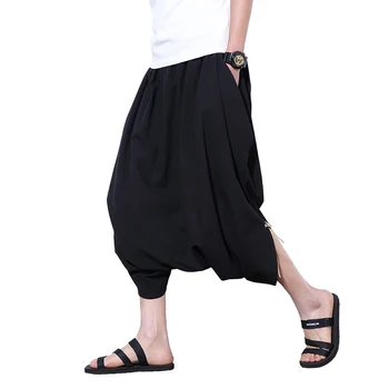 

2019 Men Japan Harajuku Loose Linen Cotton Haren Pants Wide Leg Hanging HipHop Crotch Pants Low Crotch Mens Vintage Trousers 5XL