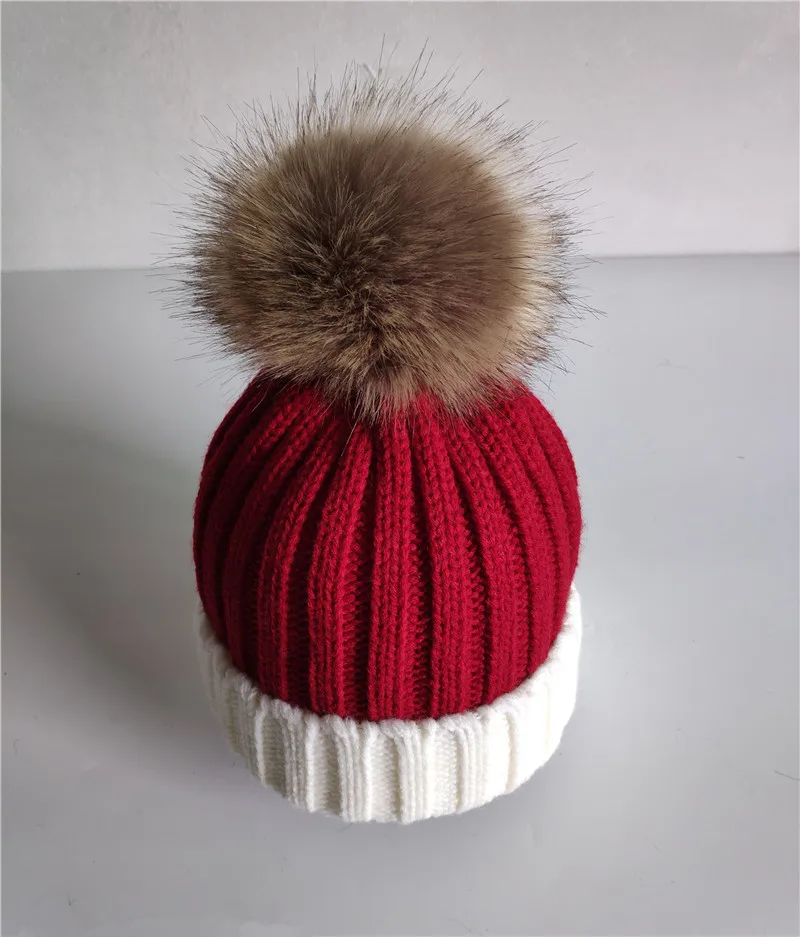 

KUE046 Winter Girls artificial polyester pom pom Knitted Beanies Boy Skullies Hot Kids Warm Fur Hairy ball Hats Child Curled Hat