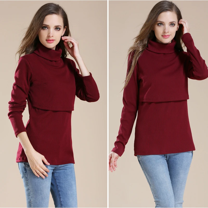 Solid Turtleneck Long Sleeve Maternity Clothes Breastfeeding Tops Warm Underwear For Pregnant Women Maternity T-shirt 4