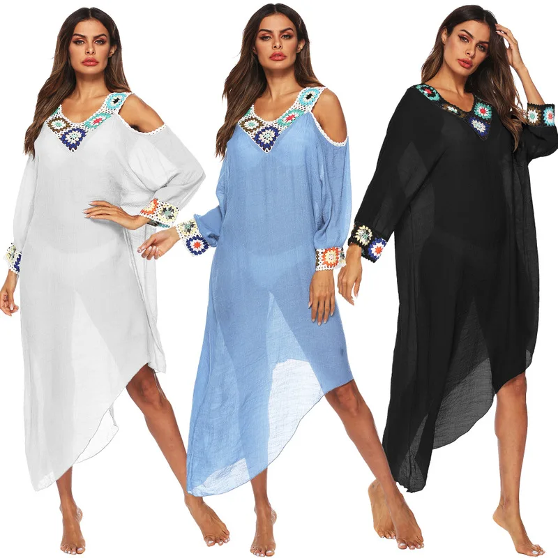

Pareo Beach Cover Up Bikinis Female 2019 Dress Tunic Saida De Praia Bikini New Euro Colorful Flowers Handhook Patchwork Acrylic