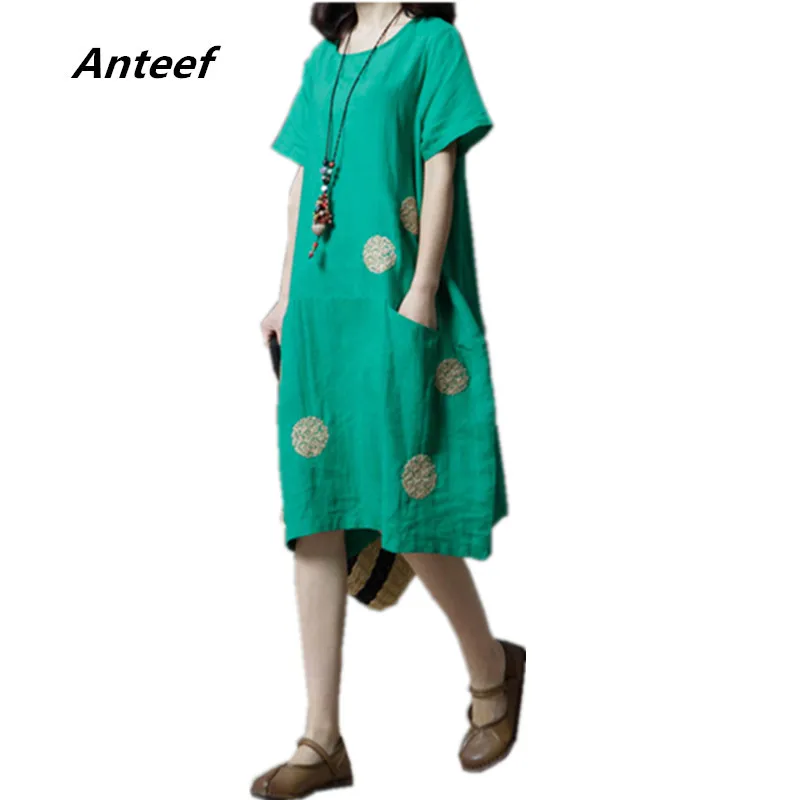 

green red cotton linen plus size vintage dot women casual loose midi summer dress elegant vestidos clothes 2019 dresses