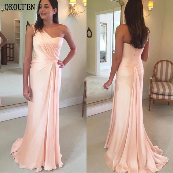 2019 Evening Dresses Long Chiffon One Shoulder Draping Pearl Pink Prom Gowns robe de soiree vestido de fiesta de noche abiye 2019 Evening Dresses Long Chiffon One Shoulder Draping Pearl Pink Prom Gowns robe de soiree vestido de fiesta de noche abiye