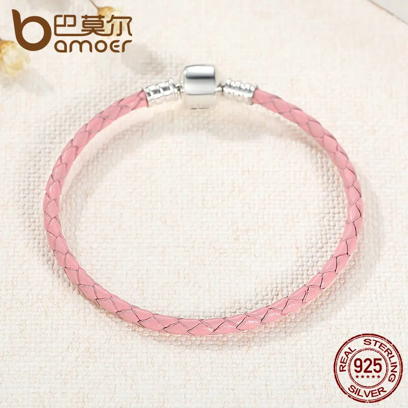 Baratos BAMOER Original Plata de Ley 925 venta al por mayor 4 pulseras de cadena de serpiente de cuero genuino para mujer joyería fina PAS908
