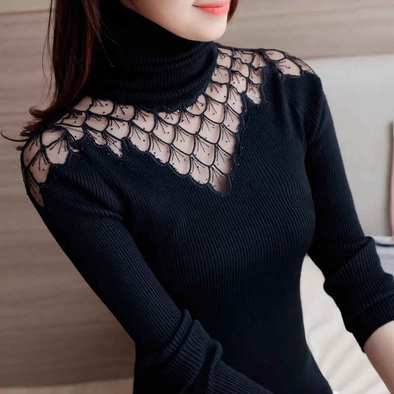 Sweater Women Turtleneck 2020 Autumn Winter New Style Pullover Lace Knitted Shirts Sexy See Through Splice Tops Sweaters Blusas | Женская