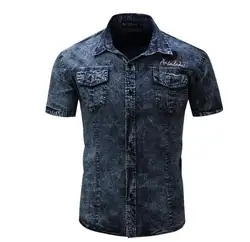 Черный/темно-синий Мужские большой Размеры с короткими рукавами джинсовая рубашка военных грузов рубашки Camisas Hombre свободные мужские