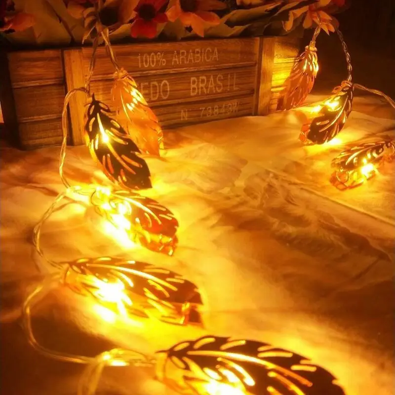 1,5 м 10LED Фея Листьев перо Форма Праздничная строка светильник напольный светильник из металла теплые белого цвета на свадьбу, Рождество вечерние Батарея приведенный в действие светильник