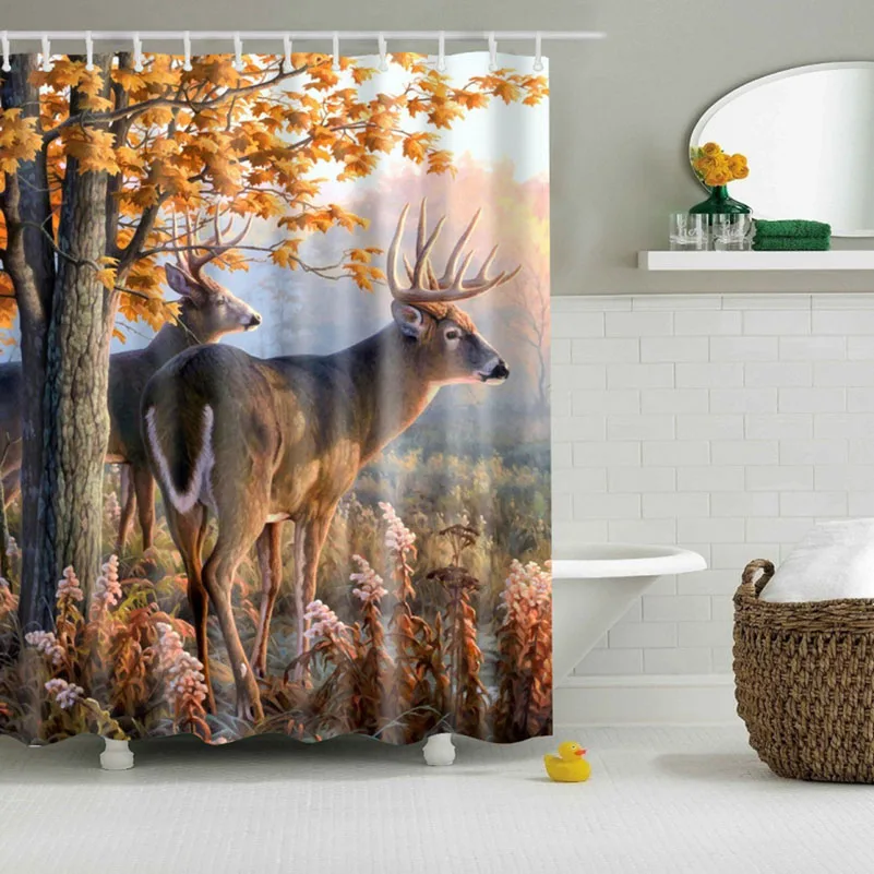 Hot selling Forest River Deer Elk Tree Printed Bathroom Waterproof