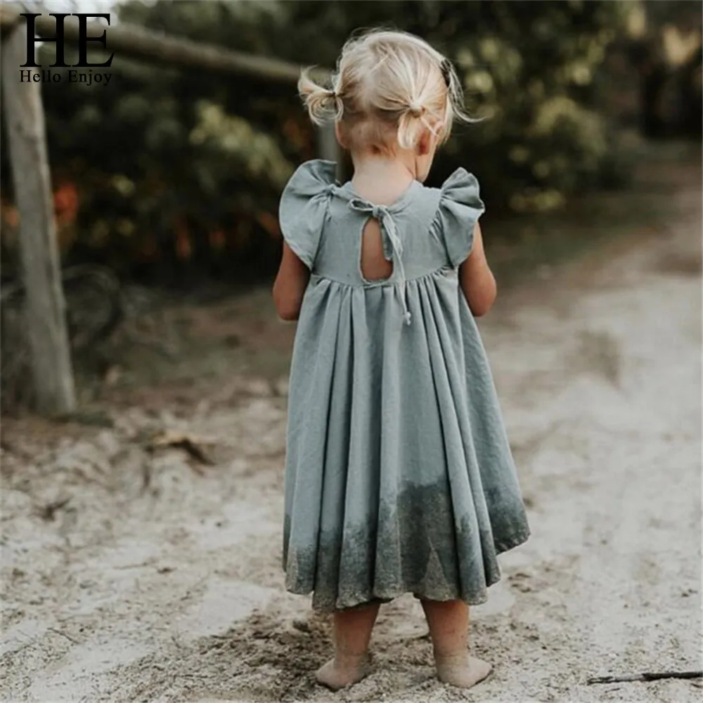 HE Hello Enjoy/платья для маленьких девочек; милое однотонное плиссированное платье принцессы с рукавами-крылышками; платья подружки невесты для девочек; детская одежда - Цвет: Синий