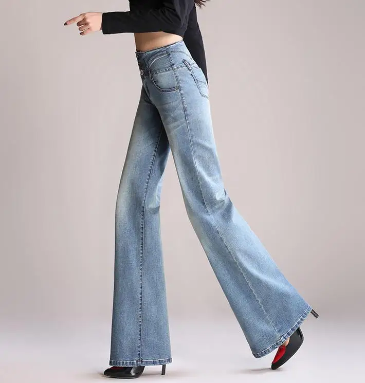 Джинсы с высокой талией и широкими штанинами, женские брюки, свободные джинсы, большие размеры, длинные брюки
