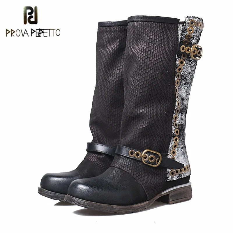 

Prova Perfetto Retro Style Back Buckle Strap Genuine Leather Patchwork Woman Boots Mature Thick Bottom Zip Mid High Boots