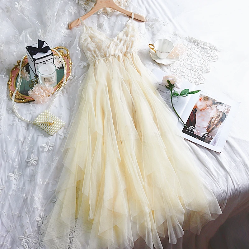 

2019 New Arrival Summer Women Sweet Dress Sleeveless V-neck Lace Irregular Dresses Long Mesh Female Vestidos