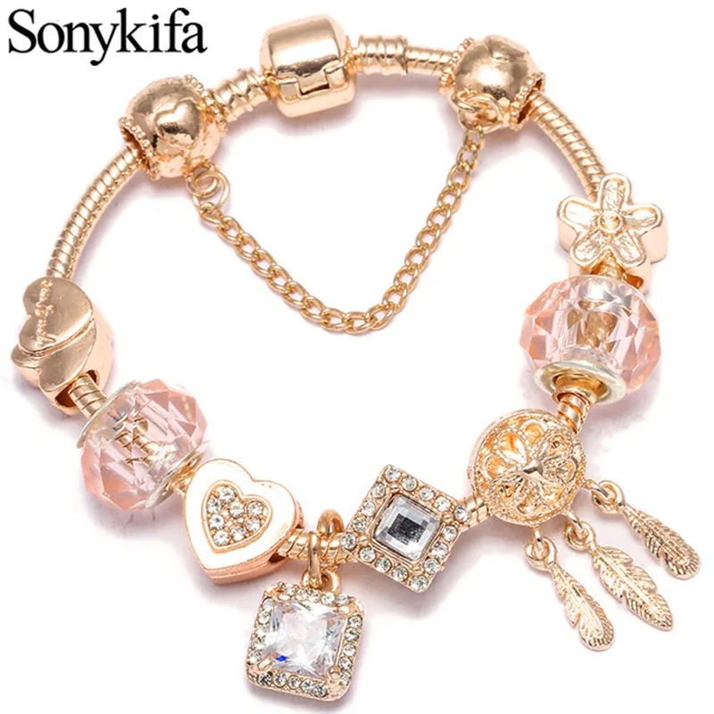 

Rose Gold Love Heart Safety Chain Charm Bracelet With Catching Love Network Beads Pandoro Bracelet As Women Lover Gift