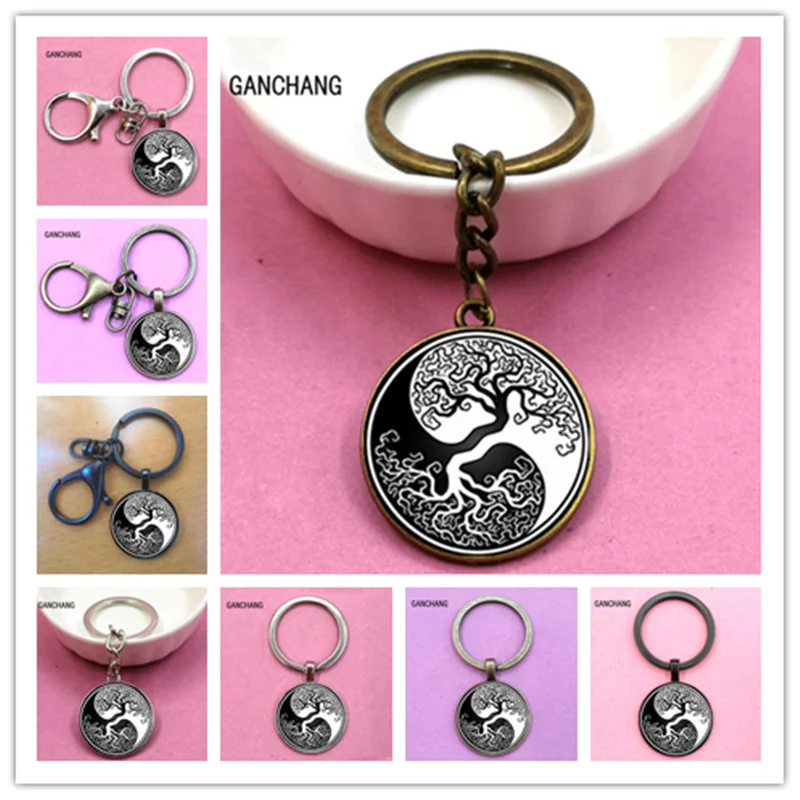 

Ying Yang Tree of Life photo Tibet silver convex round glass pendant keychain