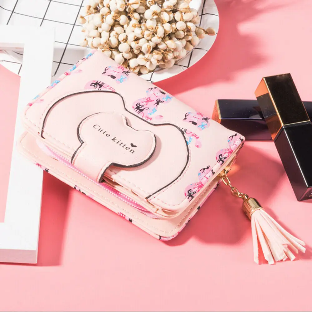 

New Women Wallet Lady Girl Zipper Leather Clutch Purse Cute Kitten Coin Bag Card Holder Wallet Tassel Vintage