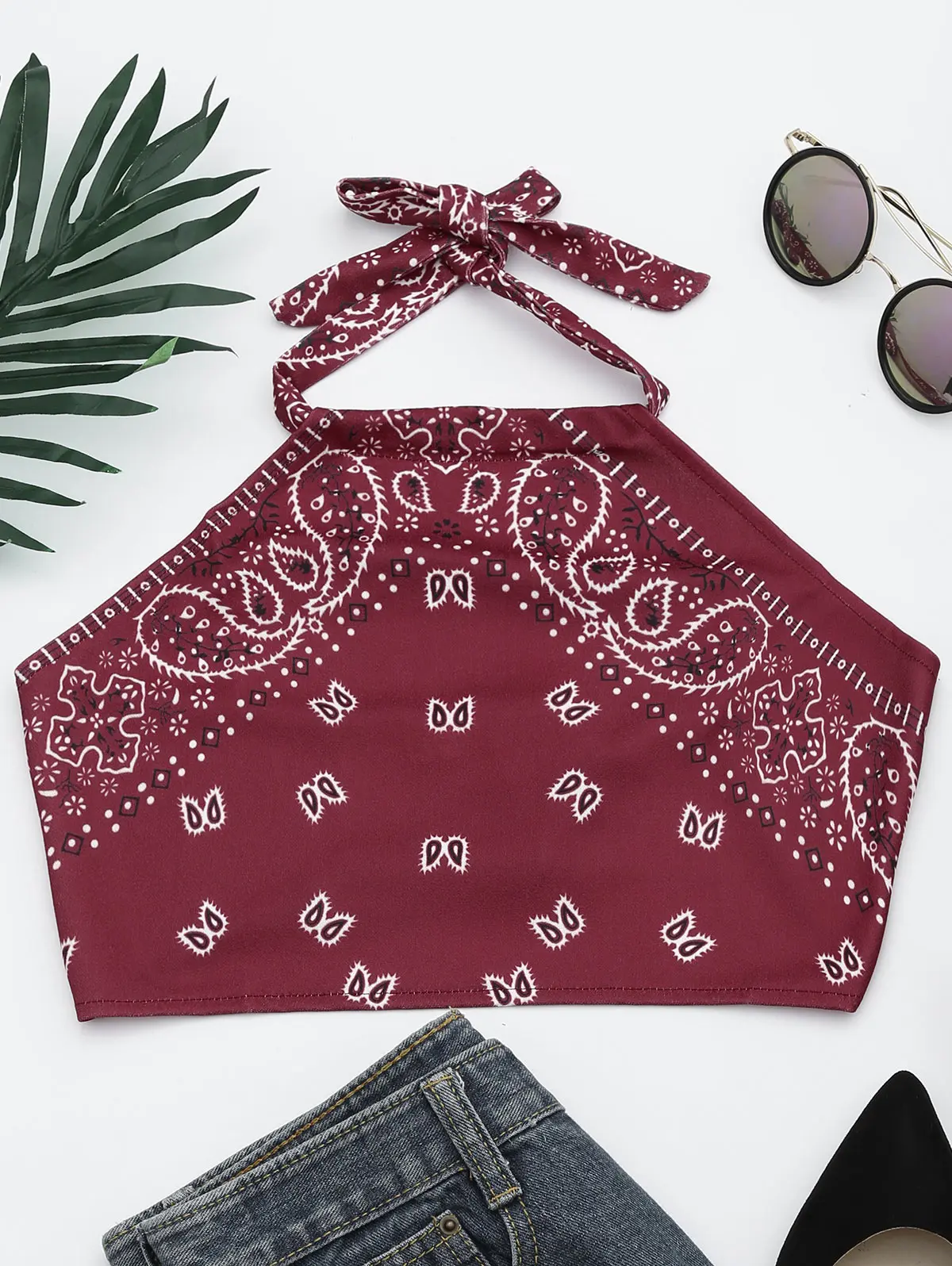 

ZAFUL Beach Top Halter Neck Printed Crop Top Cover ups Summer Beach Cover ups Red Color Top for Women Five Colors Availiable