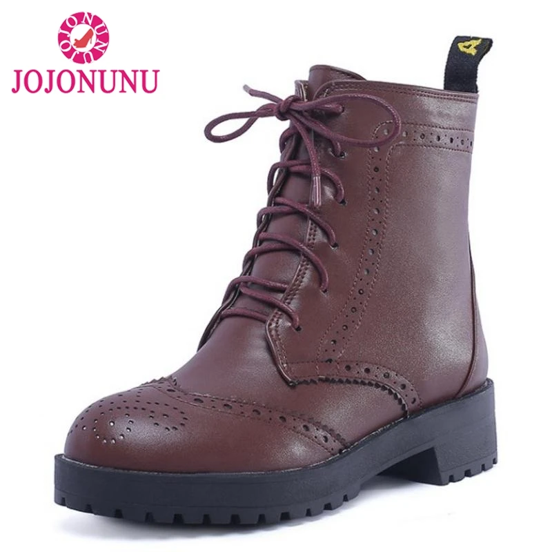 

JOJONUNU Women High Heels Ankle Boots Winter Warm Fur Shoes Woman Lace Up Platform Short Boots British Style Shoes Size 34-43