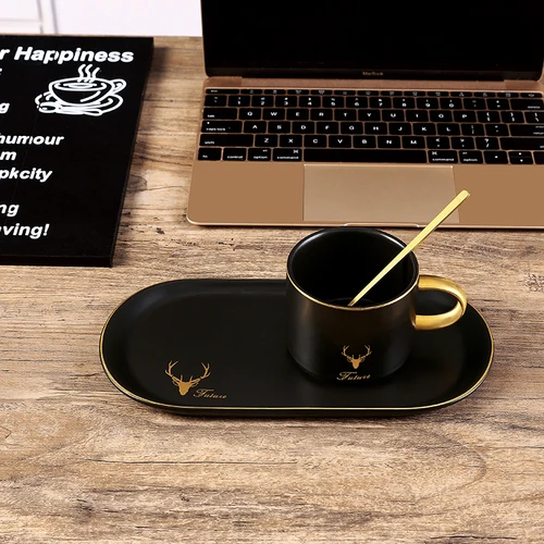 Ceramic coffee cup European small luxury single elegant simple mug mug with spoon and plate Nordic ins - Color: Hot Black Gold