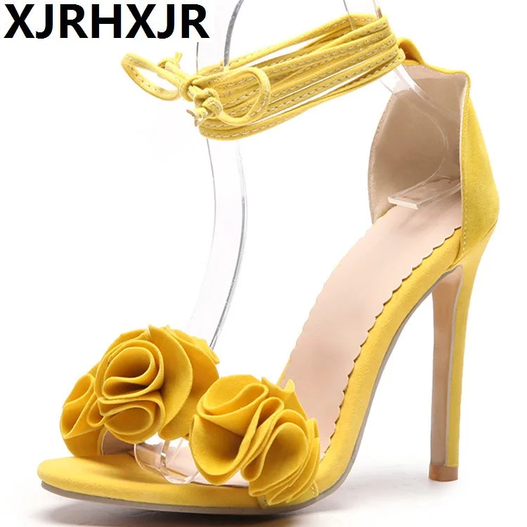

XJRHXJR 2018 Sexy Thin High Heels Summer Women Sandals Open Toe Footwear New Party Cross Strap Female Shoes Big Size 34-52
