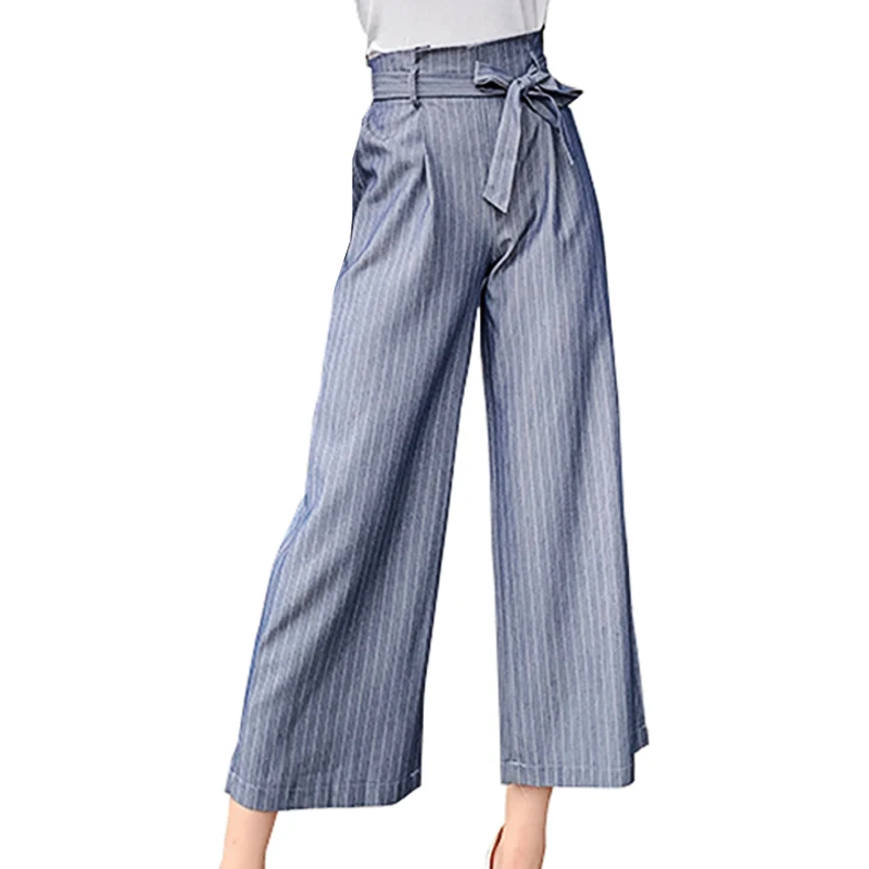 

Wide Leg Pants Elastic High Waist Woman Plaid Striped Bottom Capris Pant Summer Wear Loose Stripe Bow Tie Women Cropped Trousers
