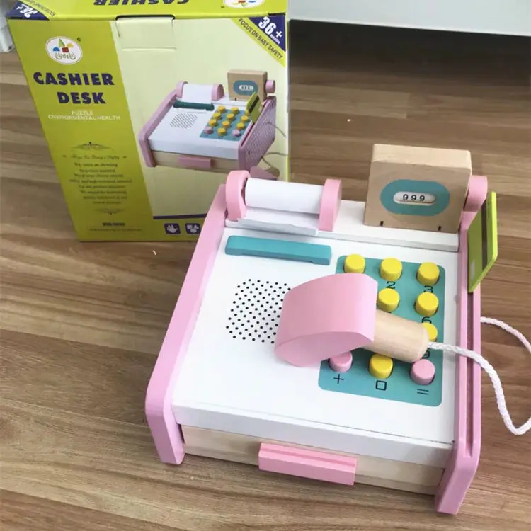  Pink Simulation Cash Register Wooden Toys For Kids Montessori Educational Toys Cashier Desk Baby To