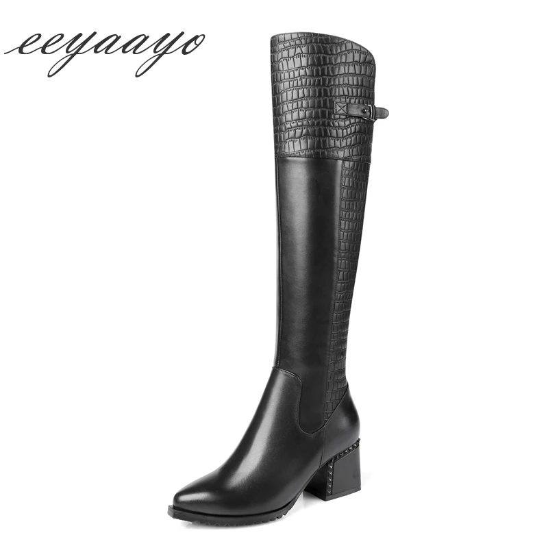2018 New Winter Genuine Leather Women Knee-High Boots High Heel Pointed Toe Zipper Punk Sexy Women Shoes Black Cow Leather Boots цена 2018 New Winter Genuine Leather Women Knee-High Boots High Heel Pointed Toe Zipper Punk Sexy Women Shoes Black Cow Leather Boots цены онлайн