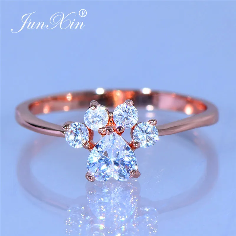 

JUNXIN Cute Animal Dog Cat Bear Footprint Ring Rose Gold White Crystal Heart Paw Rings For Women Wedding Thin Ring Girls Jewelry