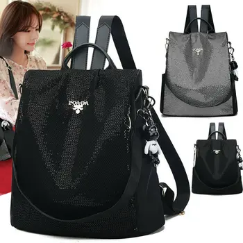 

New Women Fashion Anti-theft Oxford Cloth Waterproof Nylon Sequined Backpack Solid Pendant Travel Rucksack Shoulder Bag